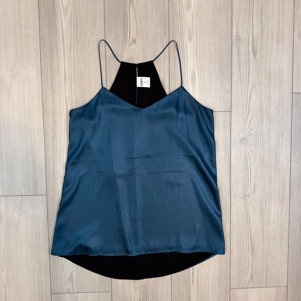 Express Barcelona Cami Teal Blue Satin V-Neck Spaghetti Strap Tank Top Medium